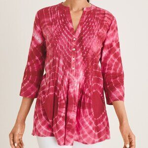 Chico's Tie-Dye Pintuck Peasant Blouse Pleated Button Front 3/4 Sleeve Top